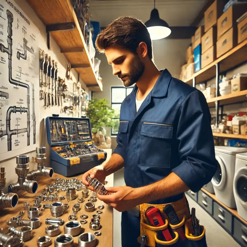 Dall e 2024 10 23 00 36 02 a professional plumber in a workshop examining various high quality plumbing parts and tools the plumber is focused and wearing a blue uniform with