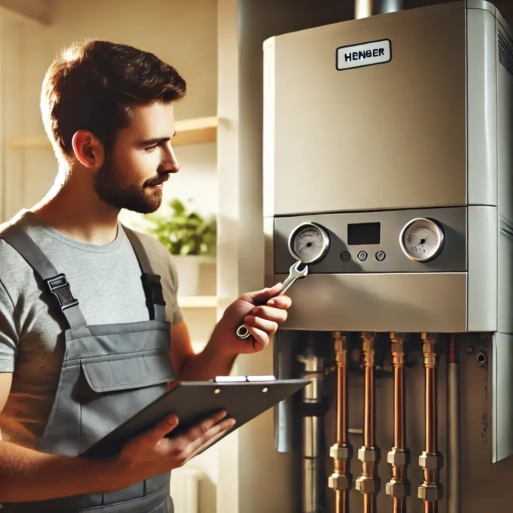 Dall e 2024 10 25 11 21 22 a technician inspecting a modern boiler in a residential setting the technician is wearing a uniform with a logo using a clipboard and a wrench the