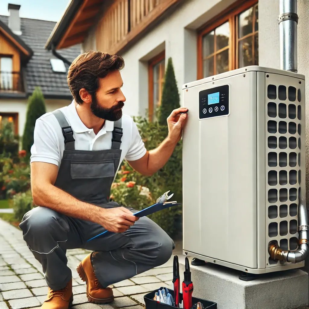 Dall e 2024 10 25 11 21 22 a technician inspecting a modern boiler in a residential setting the technician is wearing a uniform with a logo using a clipboard and a wrench the